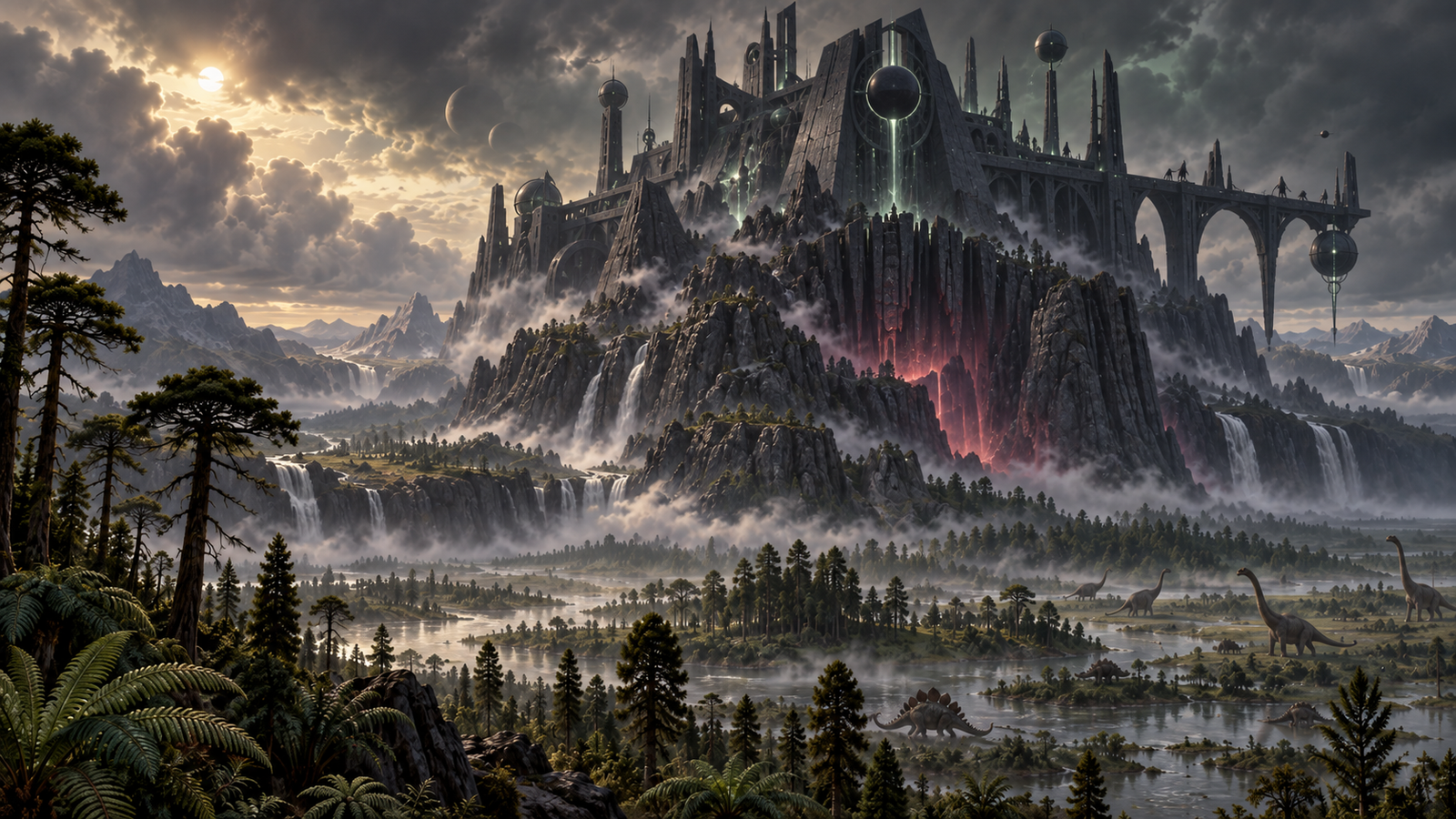 The primordial fortress of Yaddith-Gho rises above Jurassic wetlands as Mi-Go explorers investigate its ancient outer ruins while Ghatanothoa remains beneath it.