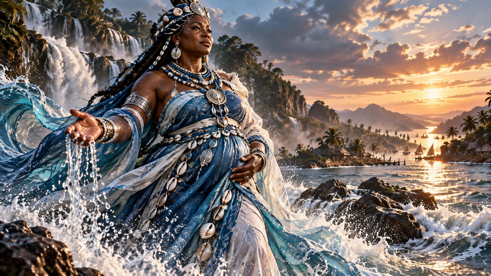 Yemoja, Yoruba mother orisha of waters, maternity and protection standing amid living waters