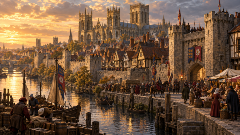 York’s river, walls and medieval streets beneath a northern sky