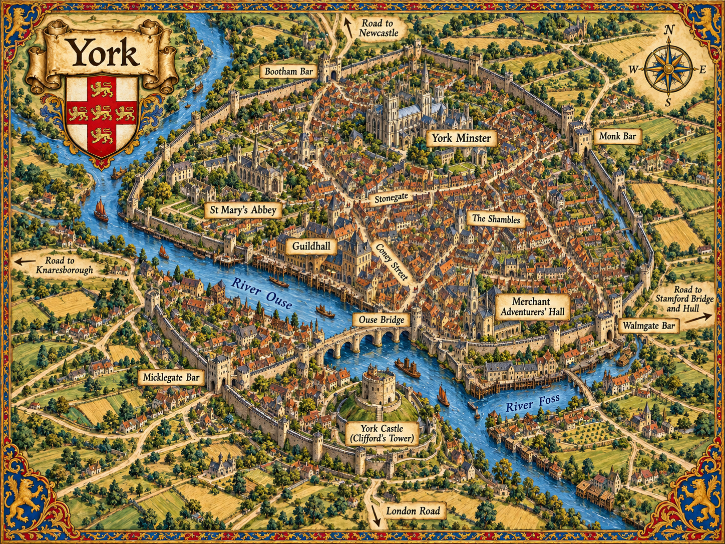 Campaign map of medieval York showing York Minster, the city walls, Micklegate Bar, Bootham Bar, Monk Bar, Walmgate Bar, the Guildhall, Merchant Adventurers' Hall, York Castle, the River Ouse and River Foss
