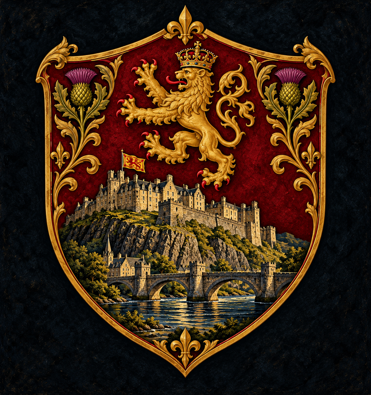 Stirling identity shield with the crowned lion of Scotland, thistles, Stirling Castle and the Forth crossing