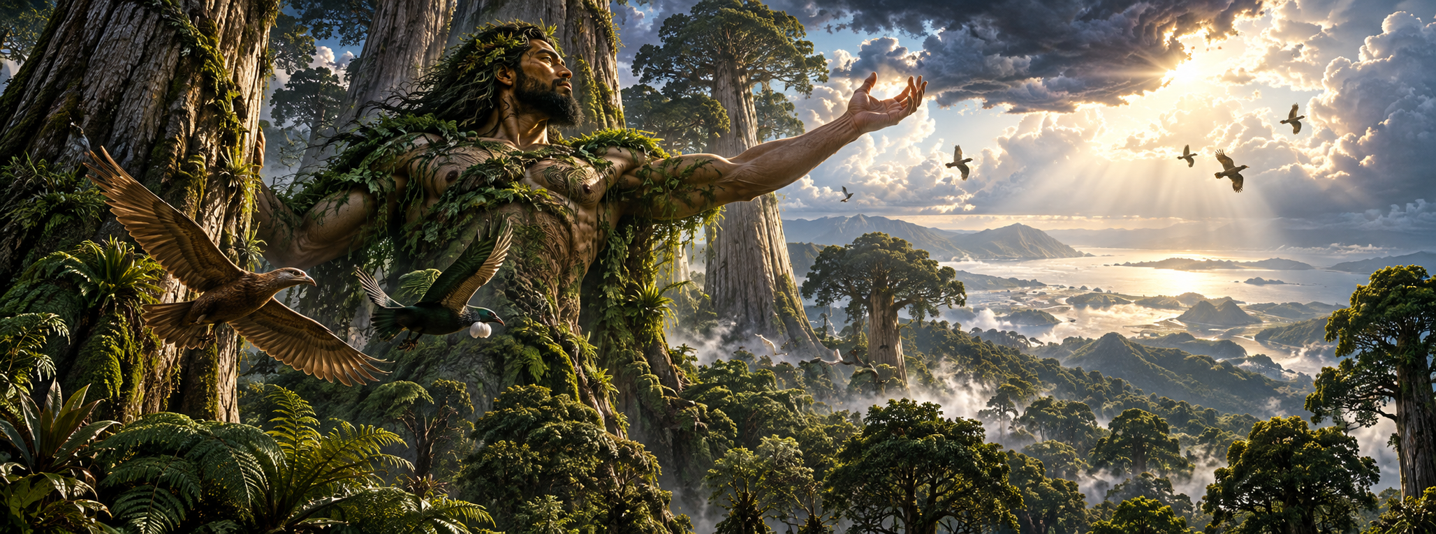 Tāne Mahuta, Māori atua of forests and birds, standing among towering native trees and forest birds