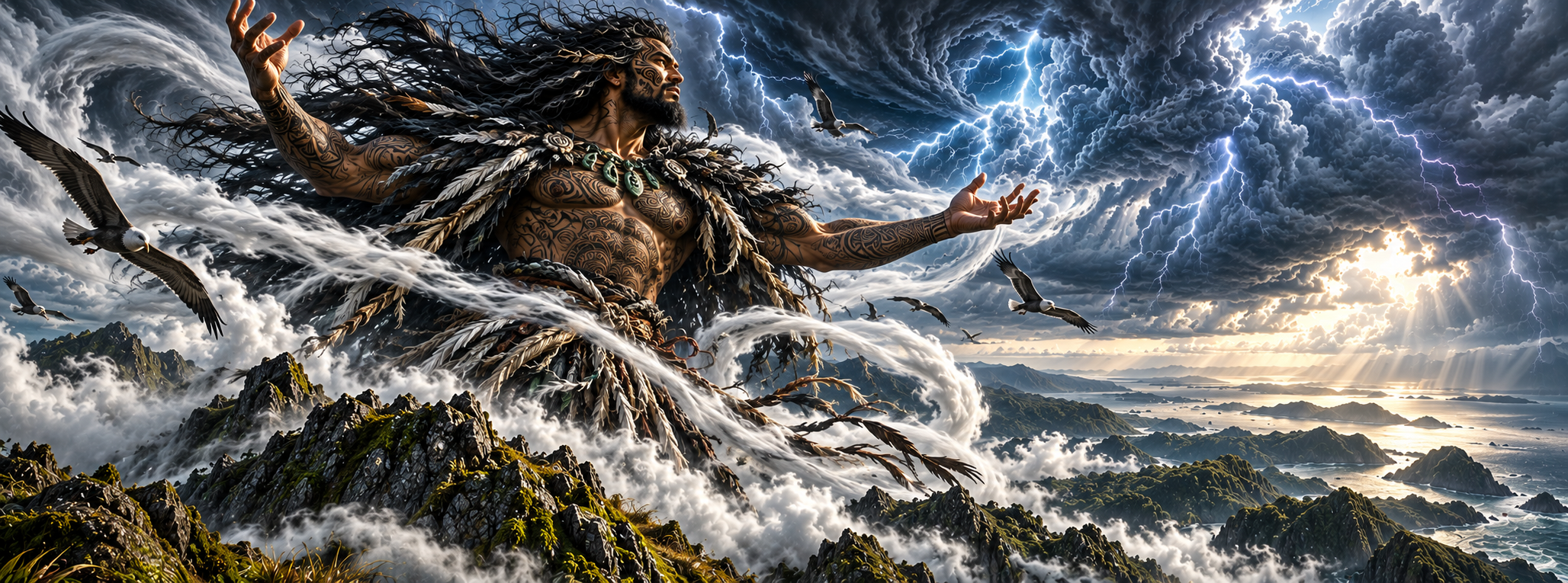 Tāwhirimātea, Māori atua of winds and weather, standing beneath storm clouds and powerful winds
