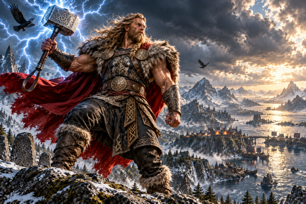 Thor, thunderer and giant-slayer, raising Mjölnir as protector of Midgard