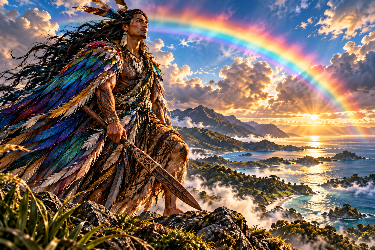 Uenuku, Māori atua associated with the rainbow and war, standing beneath a radiant rainbow above Aotearoa