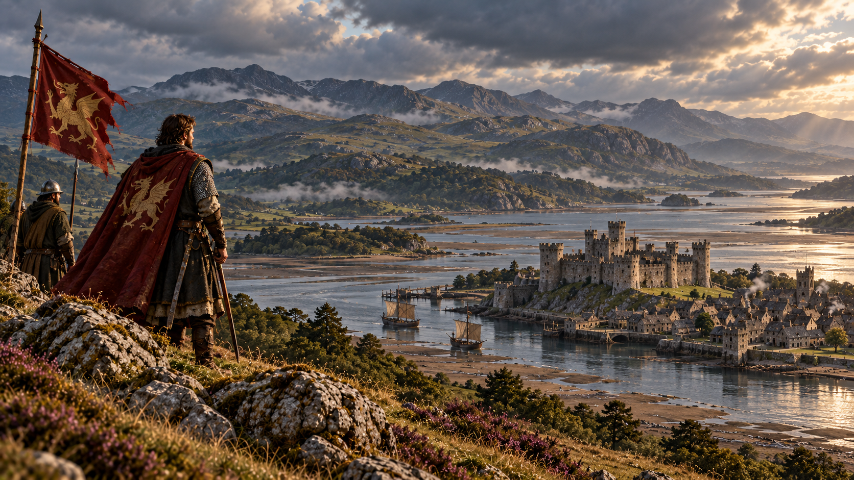 Mid-fifteenth-century Wales with a restrained dragon standard overlooking mountain country, an estuary, castle and walled settlement