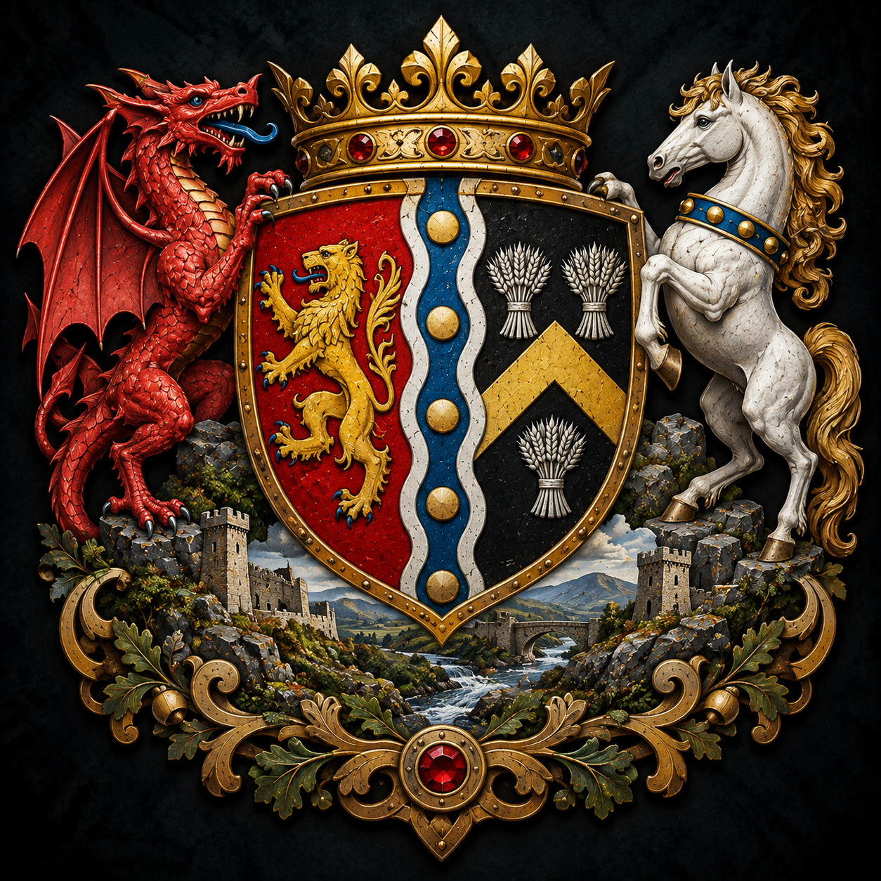 Dark medieval identity emblem for the Welsh Marches with dragon and horse supporters, castle country, river borderlands and composite marcher heraldry