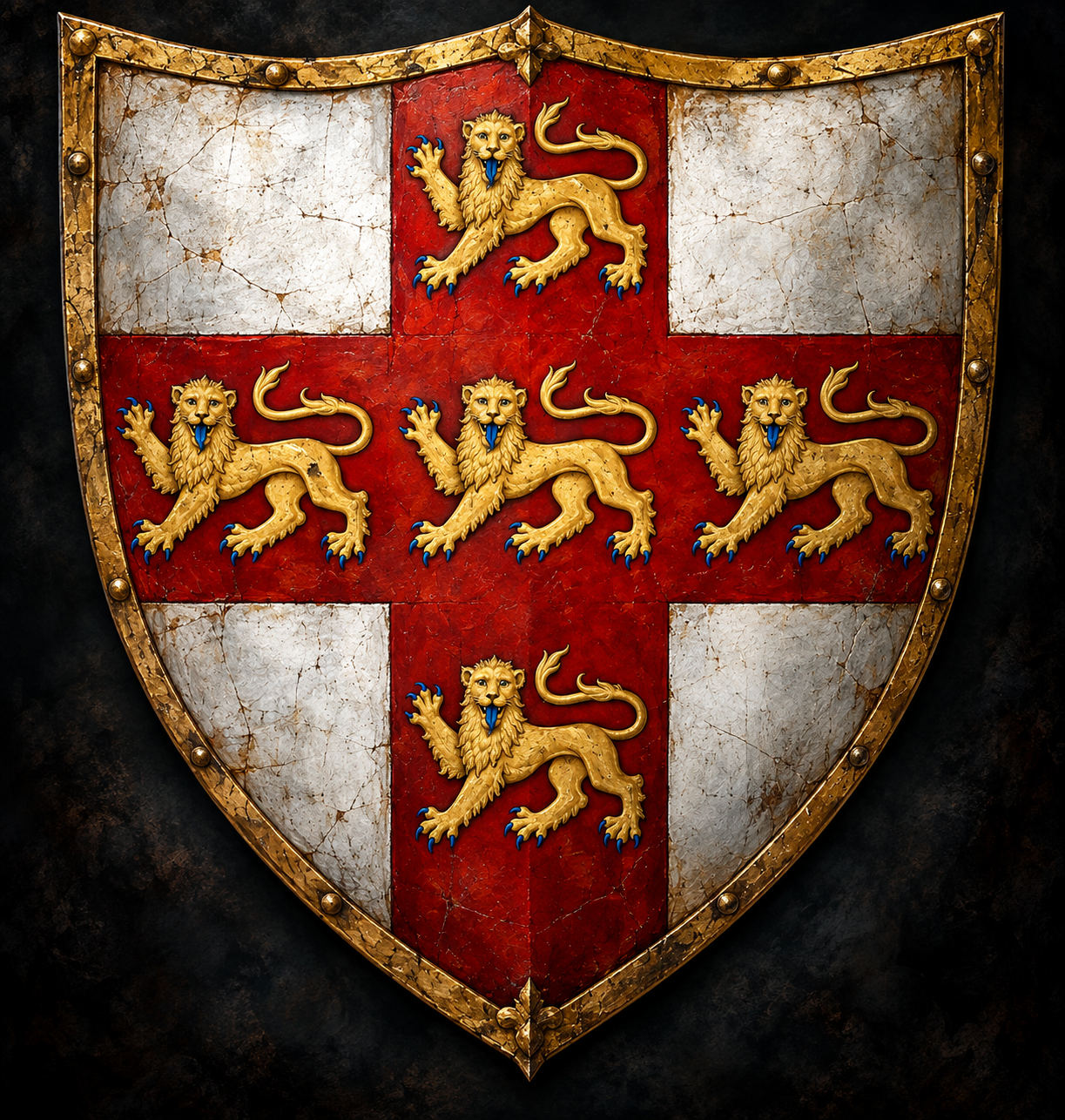 Painted civic shield of York with the red cross of Saint George and five golden lions