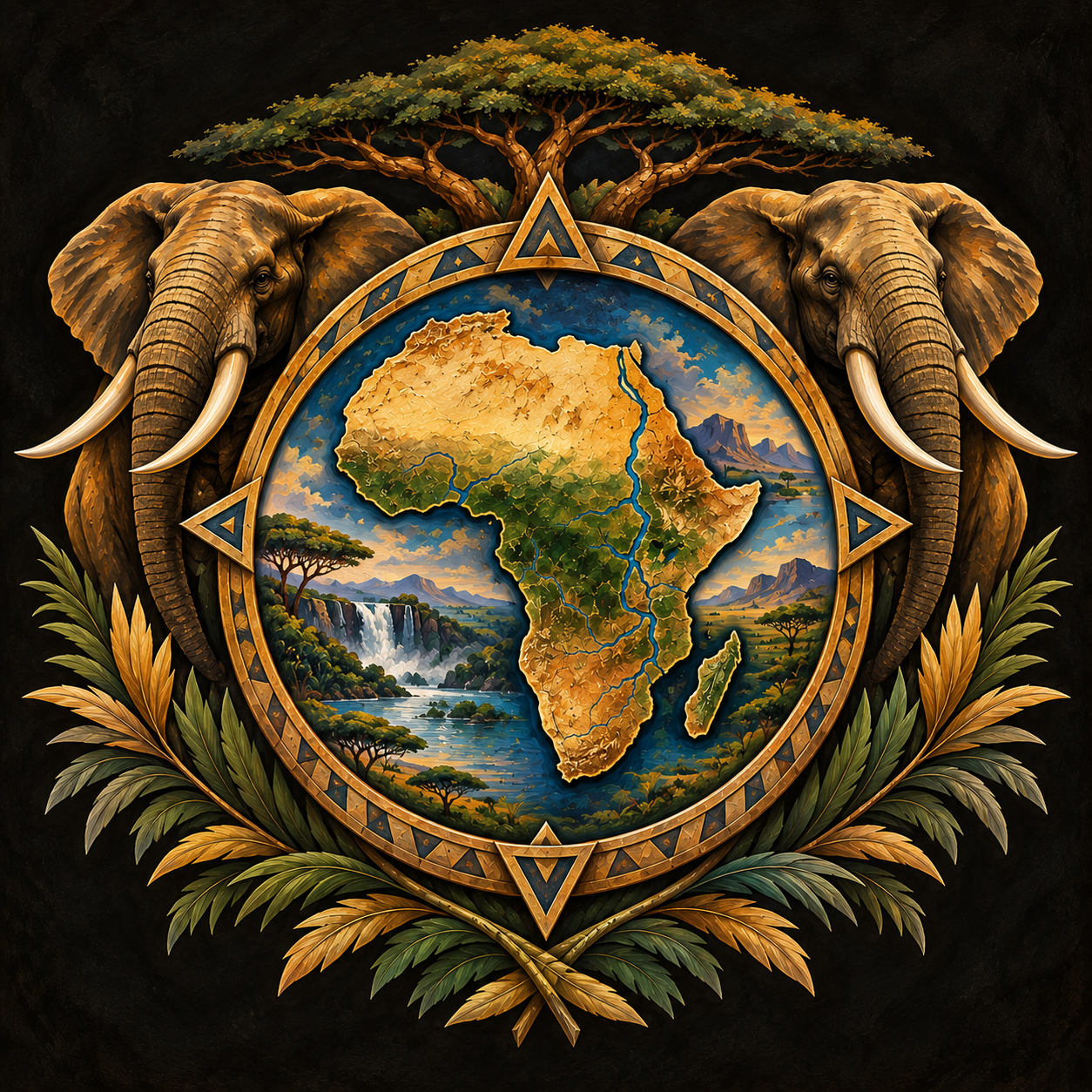 Painted emblem of Africa framed by elephants, acacia and riverland landscapes