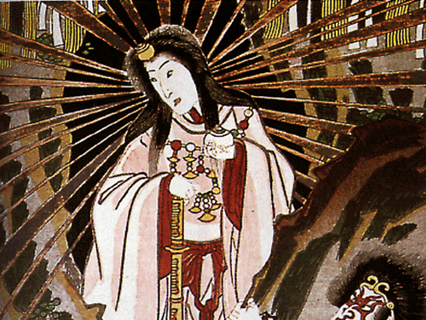 Public-domain 1856 print by Utagawa Kunisada depicting Amaterasu emerging from the heavenly cave