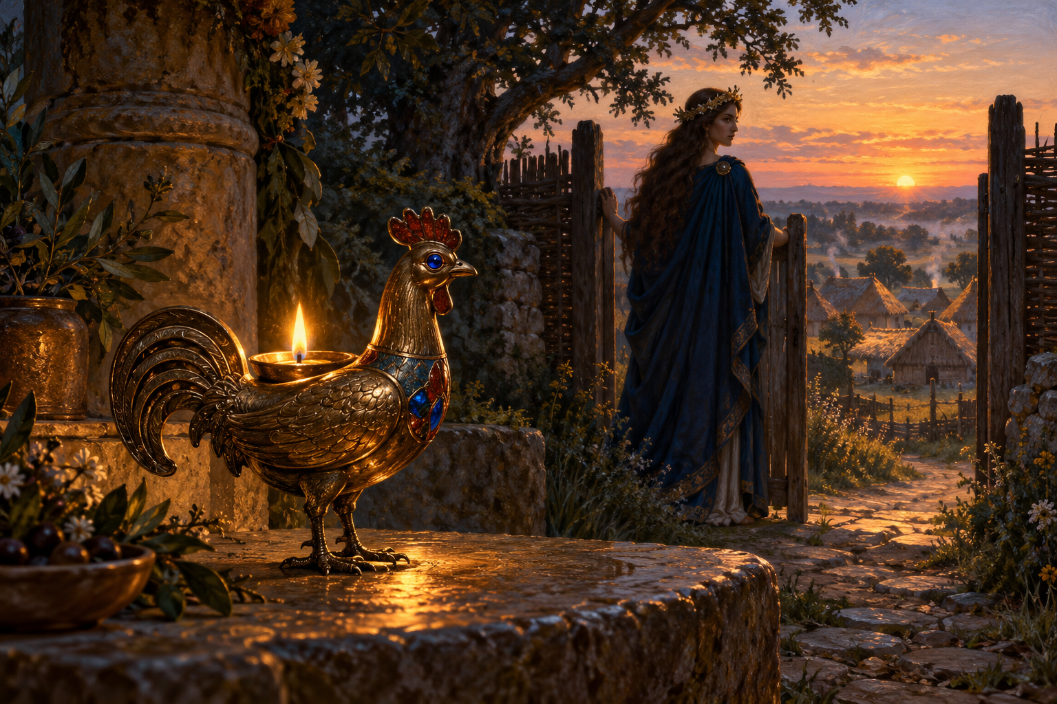 Arcanua stands at a village gate at dawn beside a bronze cockerel lamp.