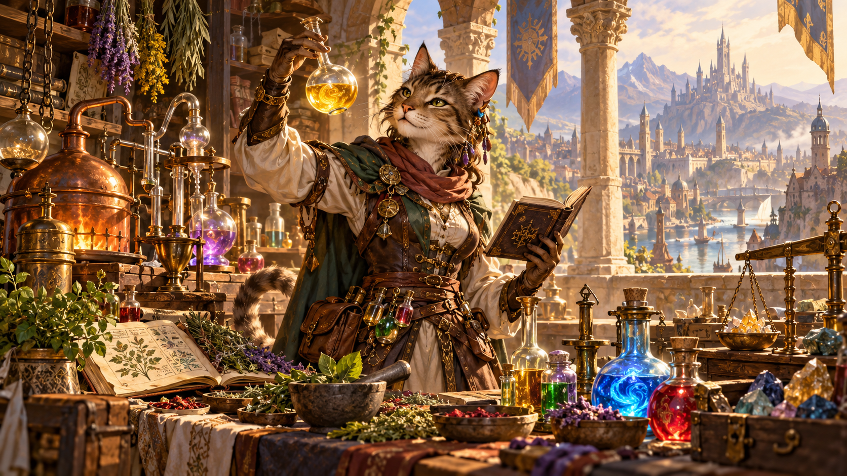 Catfolk woman Master Alchemist preparing glowing field elixirs among alembics, reagents and manuscripts