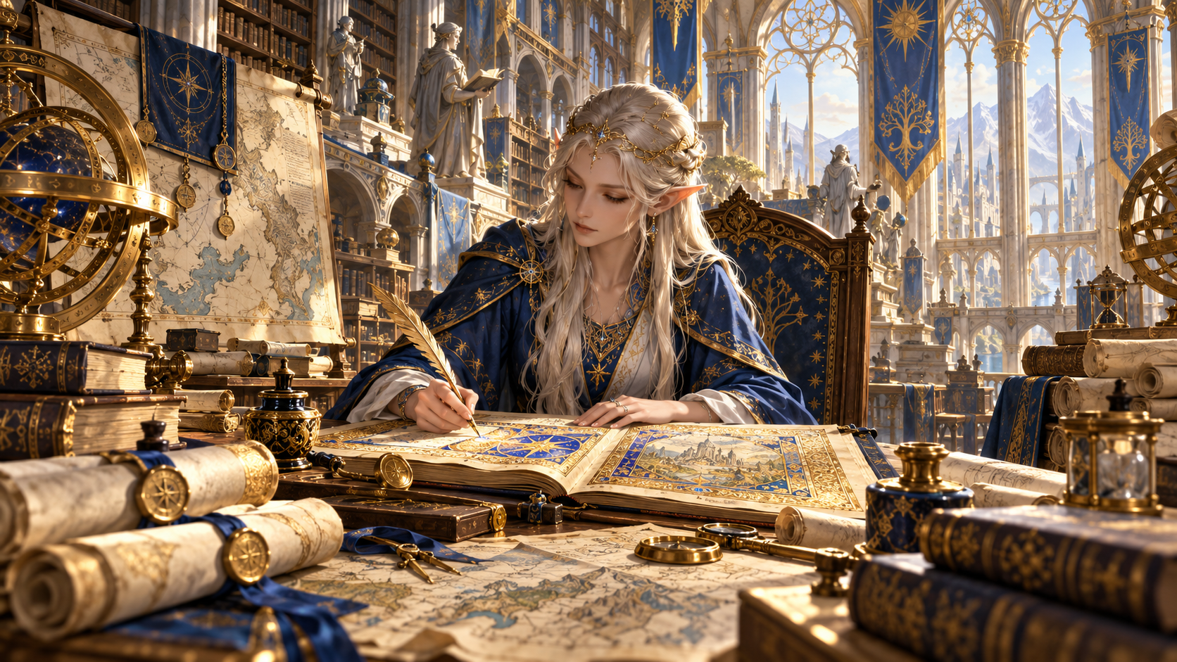 Elf woman Scribe working among manuscripts, maps and magical inscriptions in a great archive