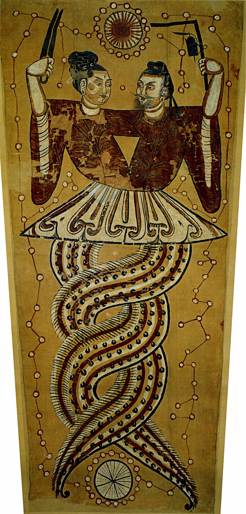 Tang-dynasty painting of Fuxi and Nüwa as intertwined divine culture heroes