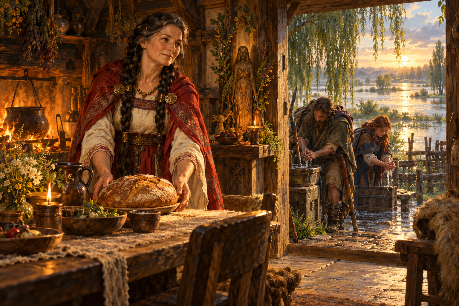 Haeva prepares bread beside a hearth in a welcoming riverside household.