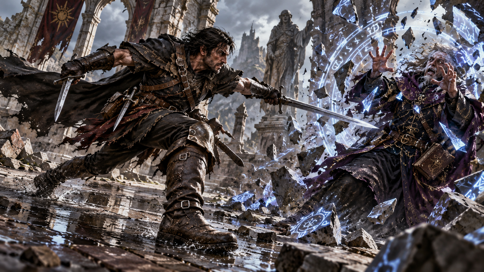 Human man Magehunter closing on a hostile spellcaster as a magical sigil breaks apart