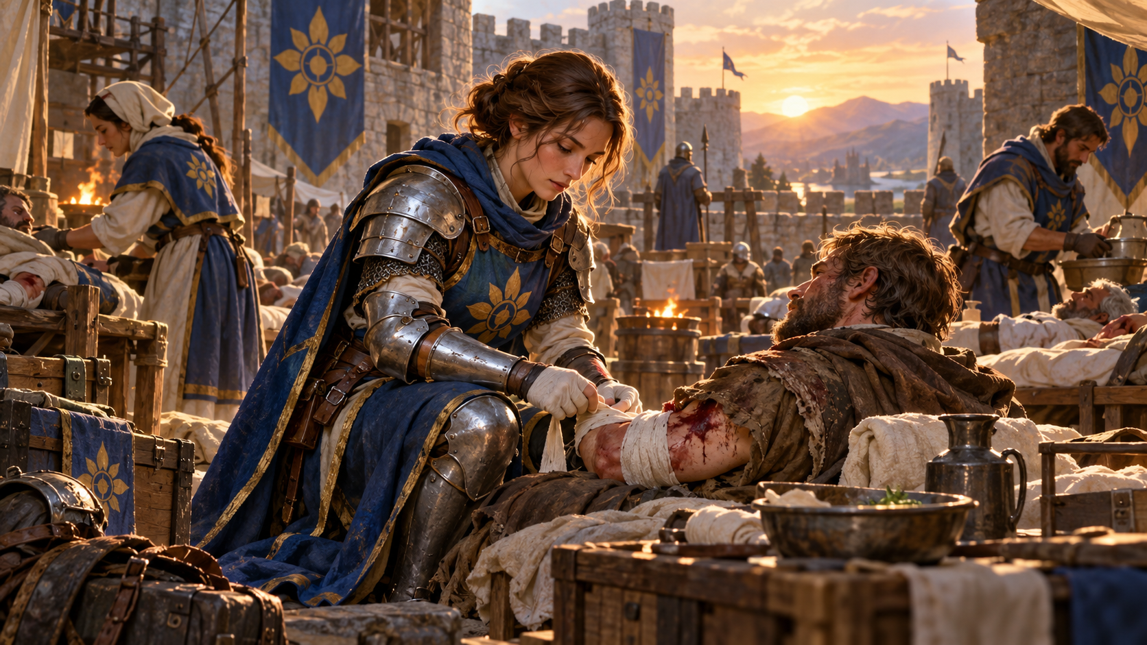 Human woman Knight Hospitaller treating a wounded traveller in a fortified healing house