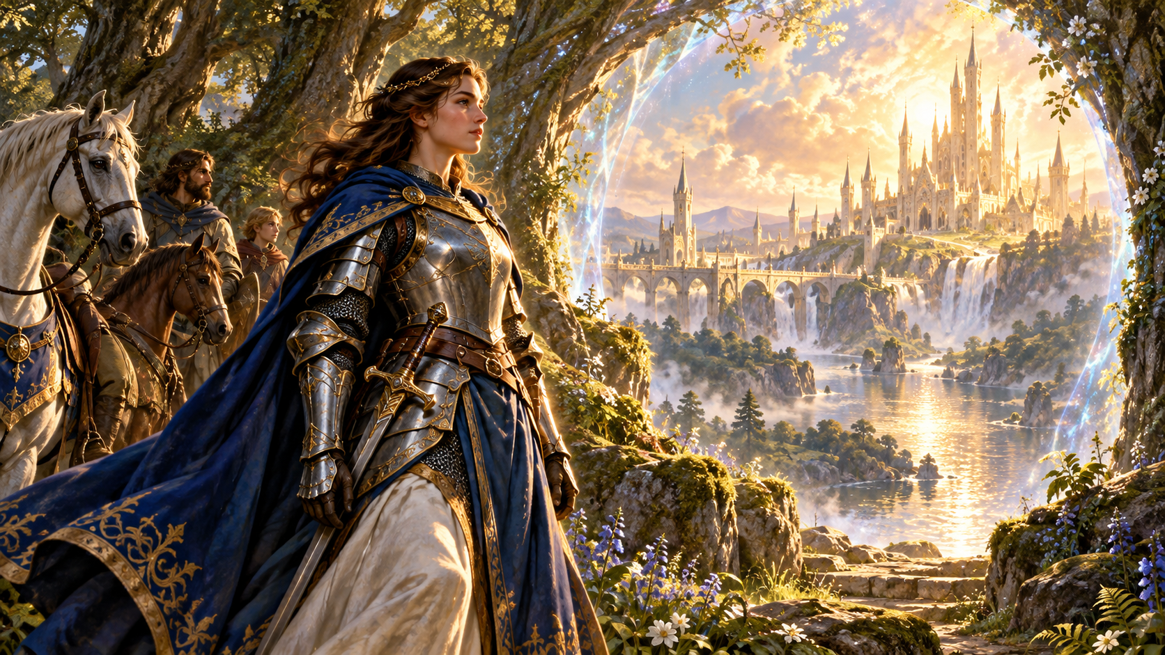 Human woman knight of the Round Table standing at a Fey crossing leading toward Camelot