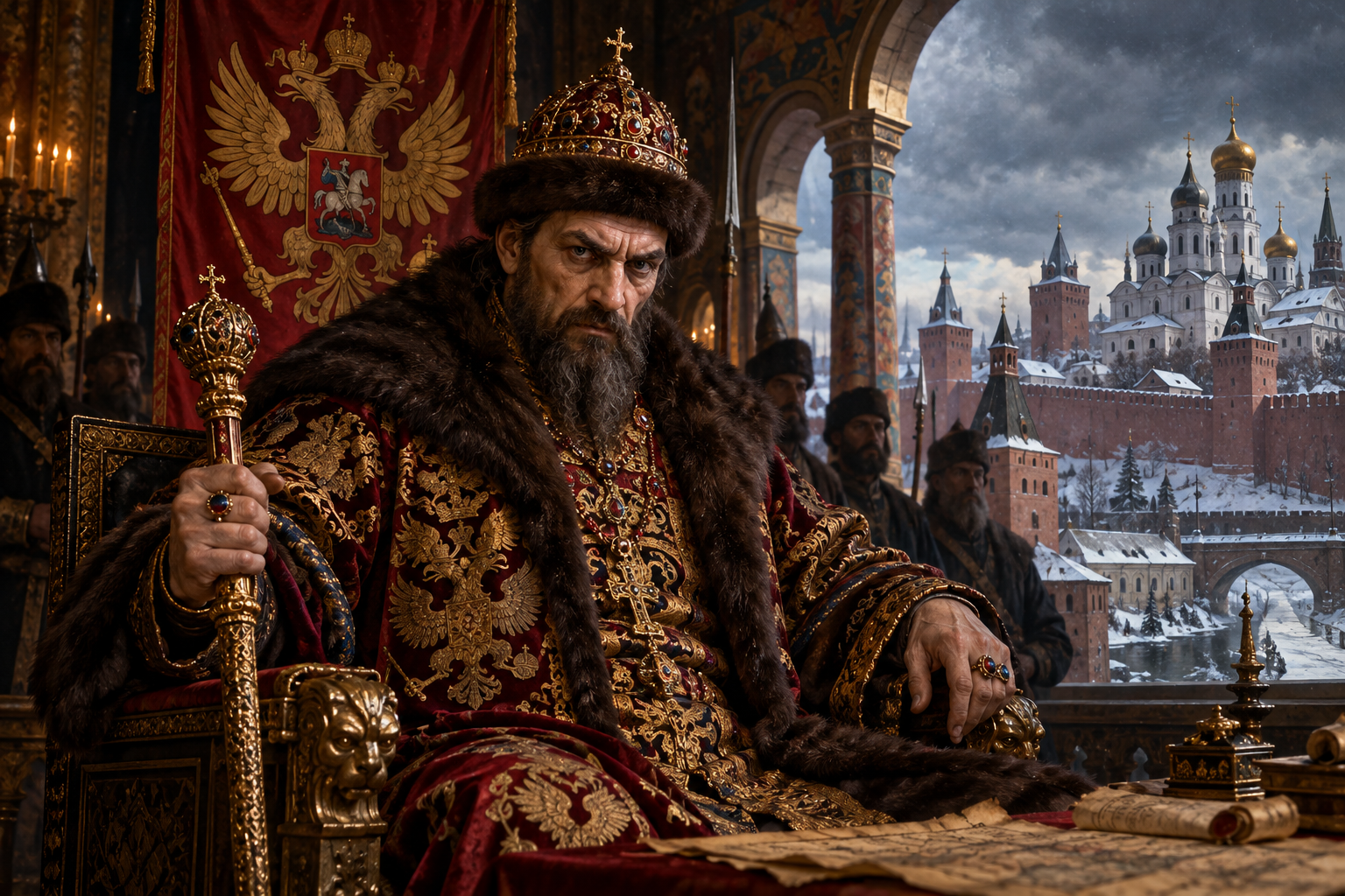 Ivan IV the Terrible in a guarded winter throne room, studying a map beside the snowy fortress of Moscow