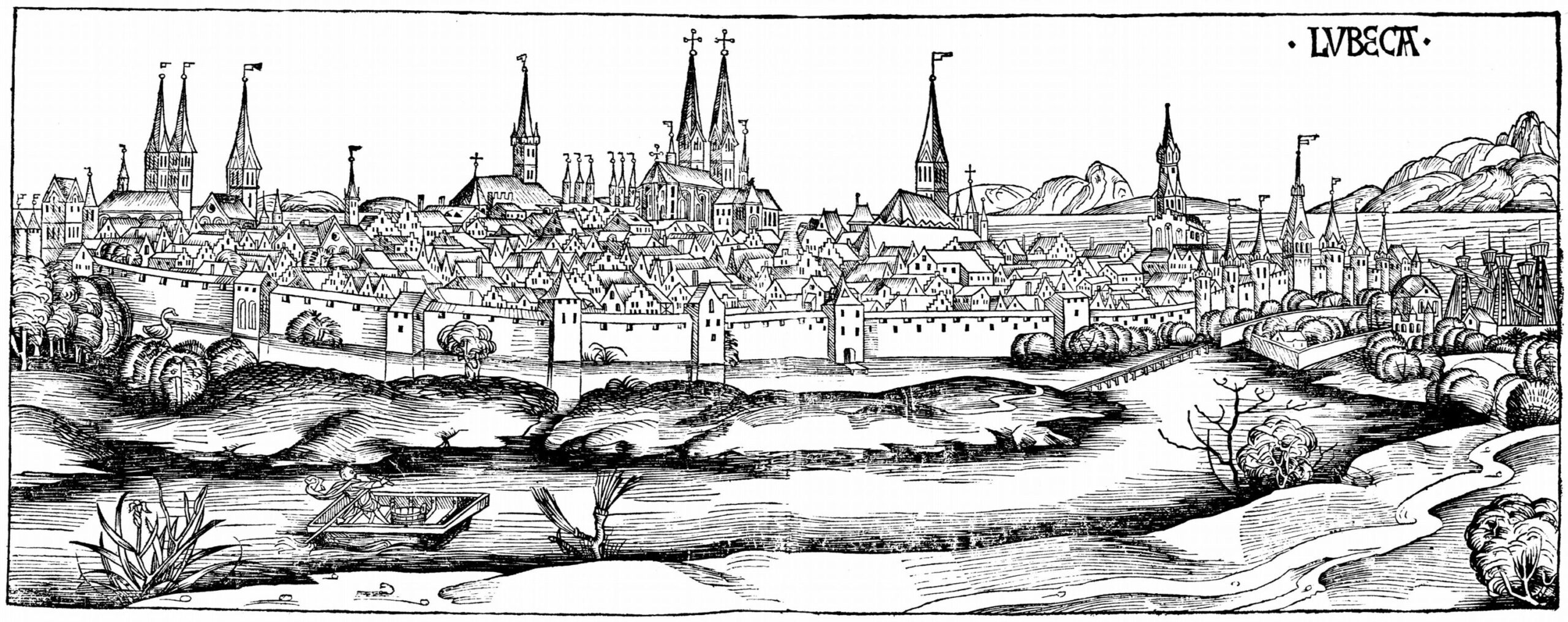 Historical woodcut panorama of Lübeck seen from the northeast, first published in 1493