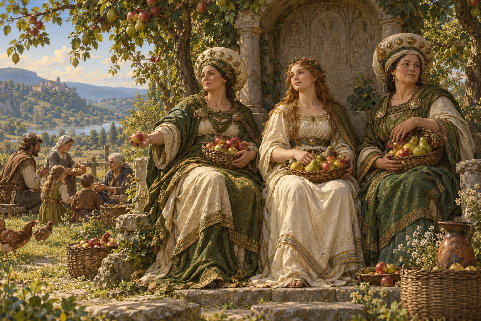 Three local Mother Goddesses sit with fruit baskets beneath an orchard shrine.