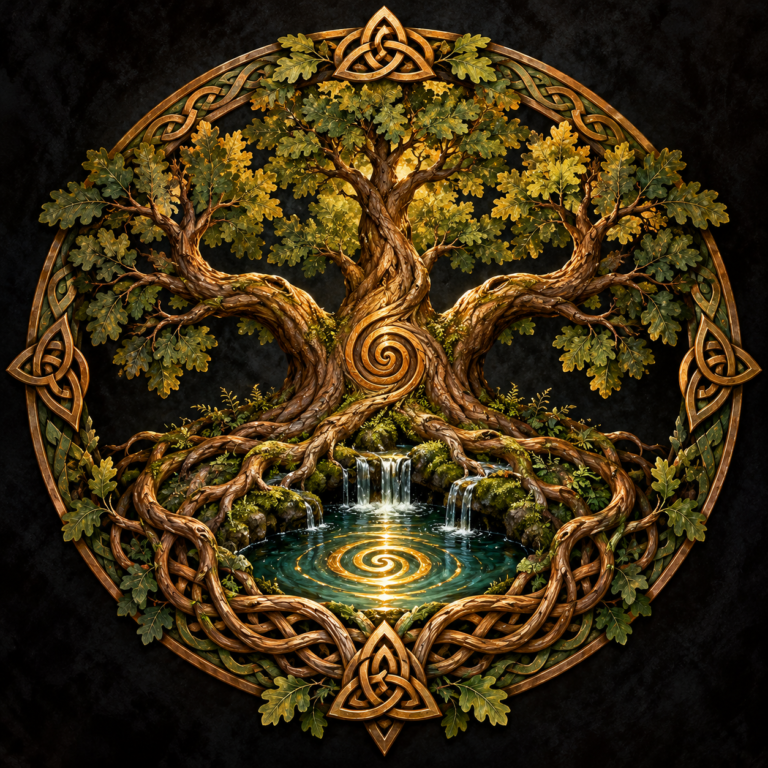 Danu's ancestral tree: an oak with a golden spiral above a sacred spring, framed in Celtic knotwork