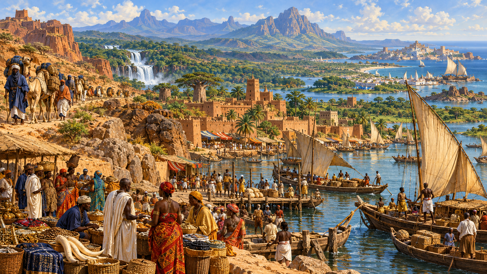 Painted African river market with caravan travellers, highlands, forest and a coastal dhow harbour