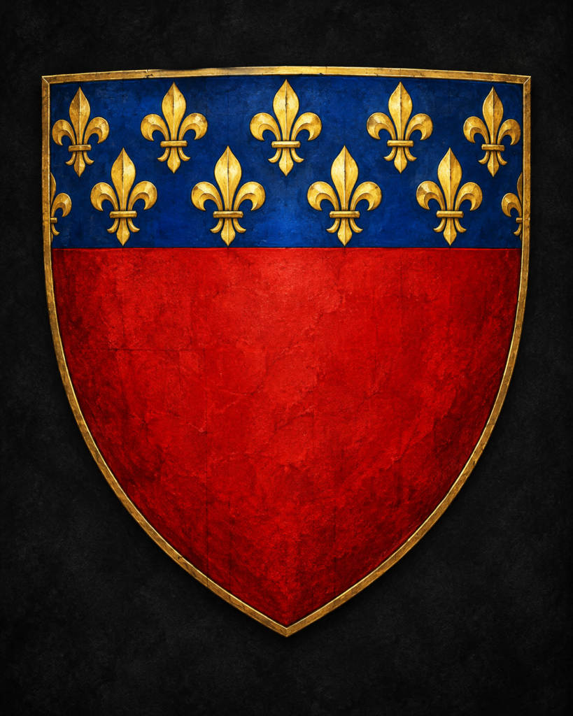 Painted historic civic shield of Amiens, with a gold fleur-de-lys patterned blue chief above a red field