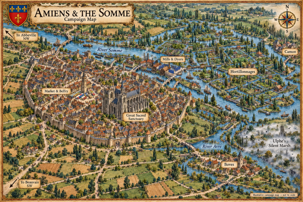 Illustrated campaign map of medieval Amiens, showing the River Somme, cathedral precinct, mills, Hortillonnages gardens, River Avre, Boves and roads to Abbeville and Beauvais.