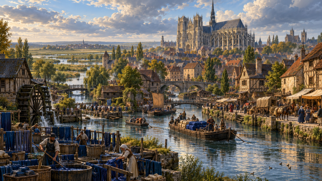 Painted panorama of medieval Amiens with its great Gothic sanctuary, Somme waterways, woad-dye yards, barges and market quays.