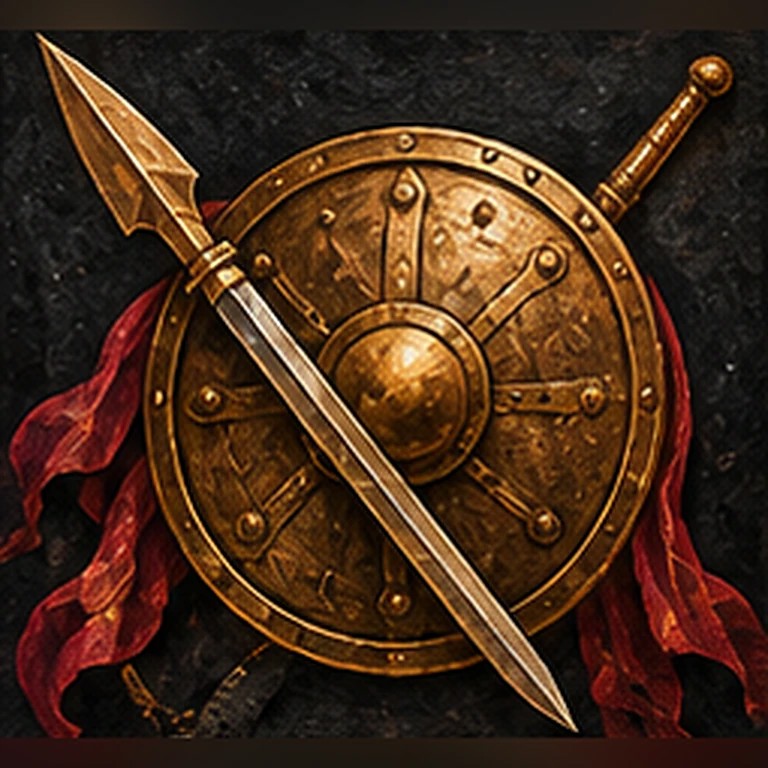 Bronze shield with crossed weapons and red ribbons, Anat’s campaign emblem