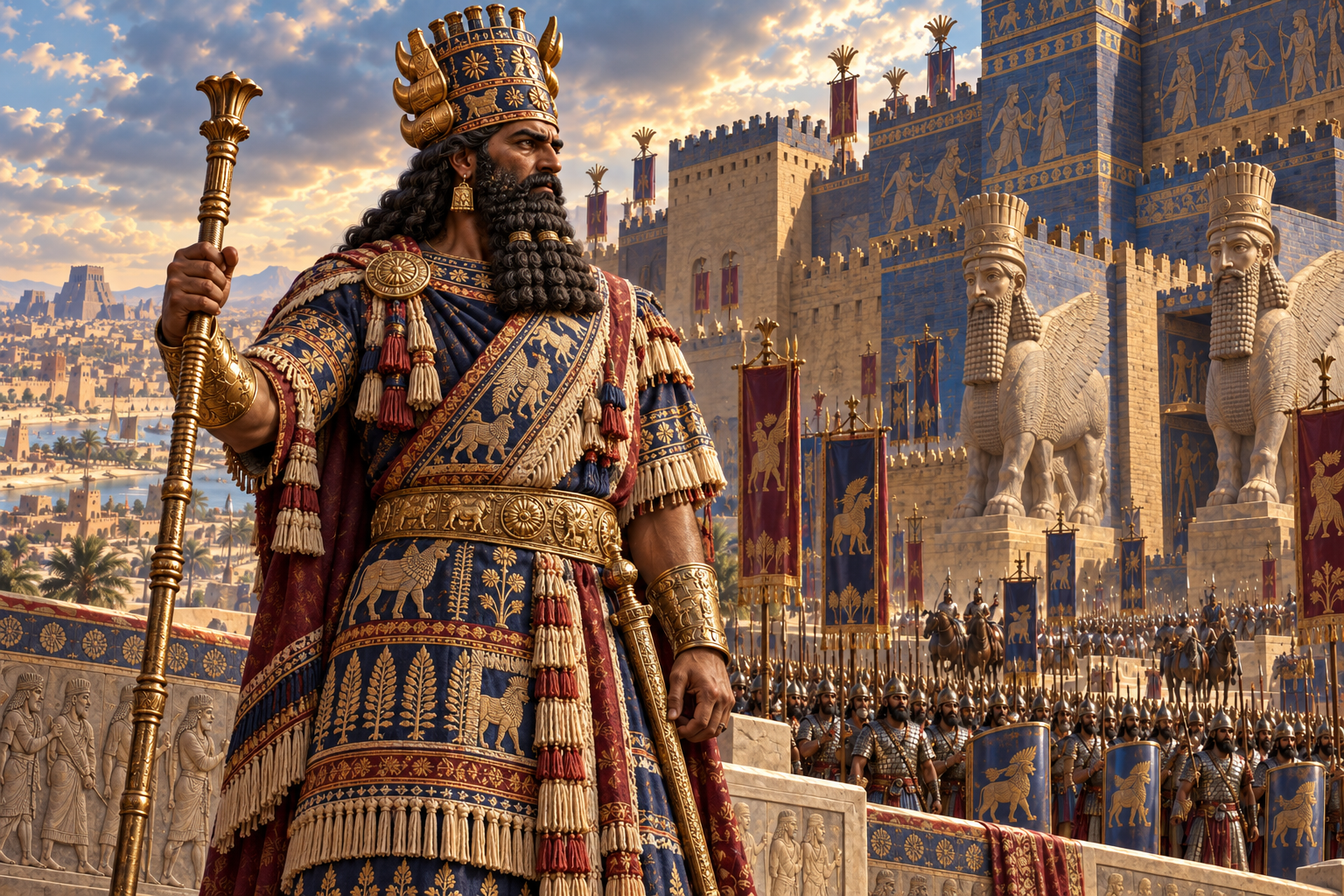 Aššur, Assyrian god of sovereignty, before a monumental Assyrian city and royal procession.