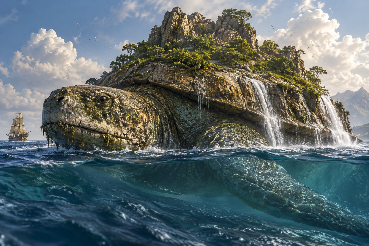 Enormous ancient aspidochelone with a rocky tree-covered back rises from ocean waves beside a small sailing ship