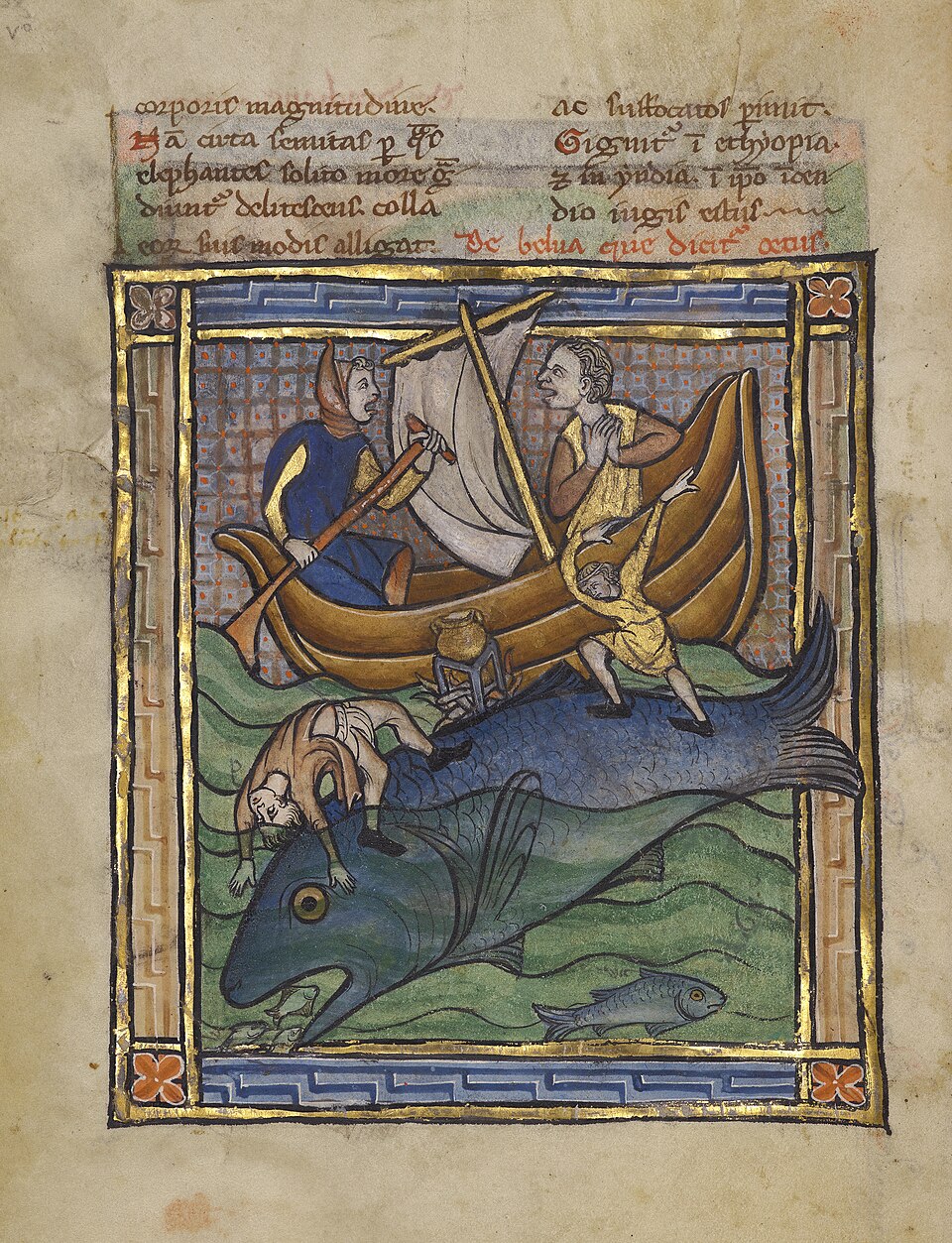 Thirteenth-century illuminated bestiary painting of sailors encountering an enormous fish-like aspidochelone