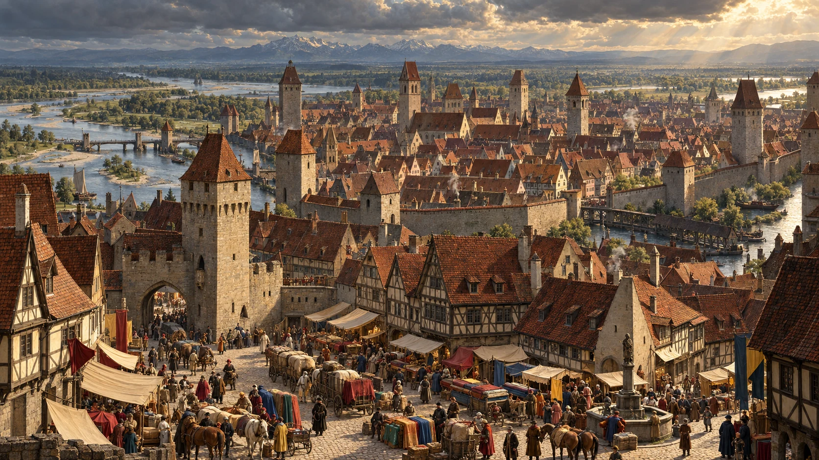 Medieval Augsburg, Free Imperial City of Swabia, with fortified gates, merchant markets, rooftops and towers.