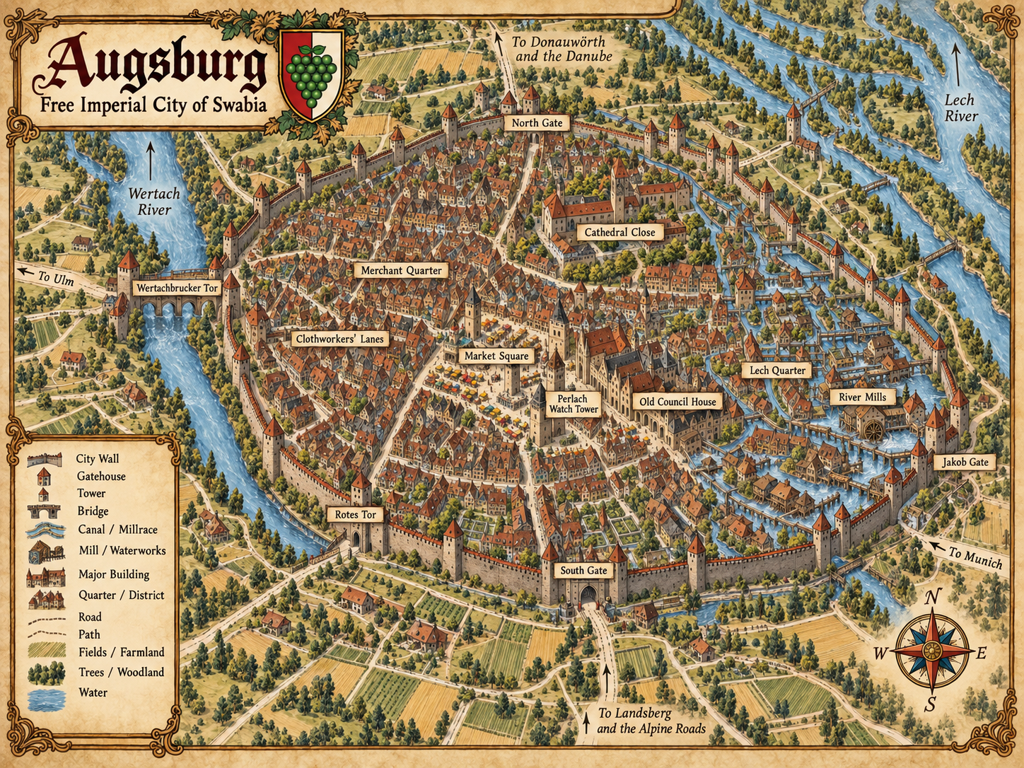 Illustrated campaign map of medieval Augsburg showing the city walls, cathedral, Perlach watchtower, market, Lech canals, Wertach and Lech rivers, and roads to surrounding towns.