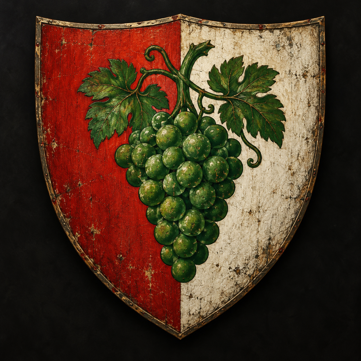 Medieval Augsburg civic shield with green grapes, vine leaves and a red-and-white field against a dark background.
