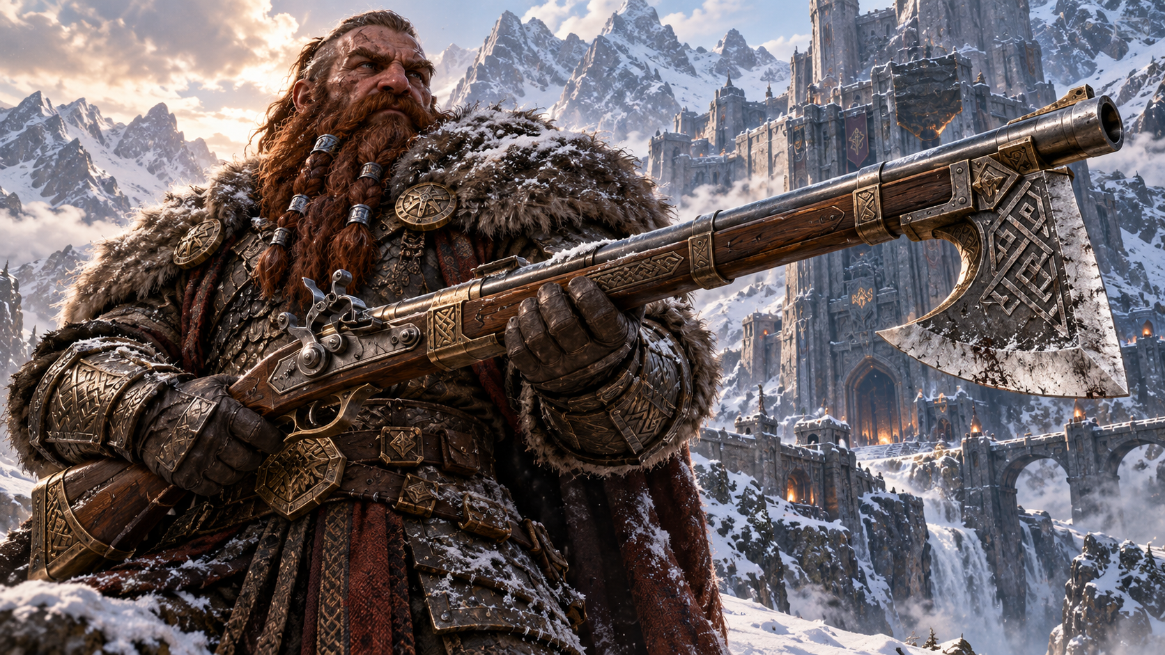Dwarf warrior carrying an axe musket before a snowy mountain fortress