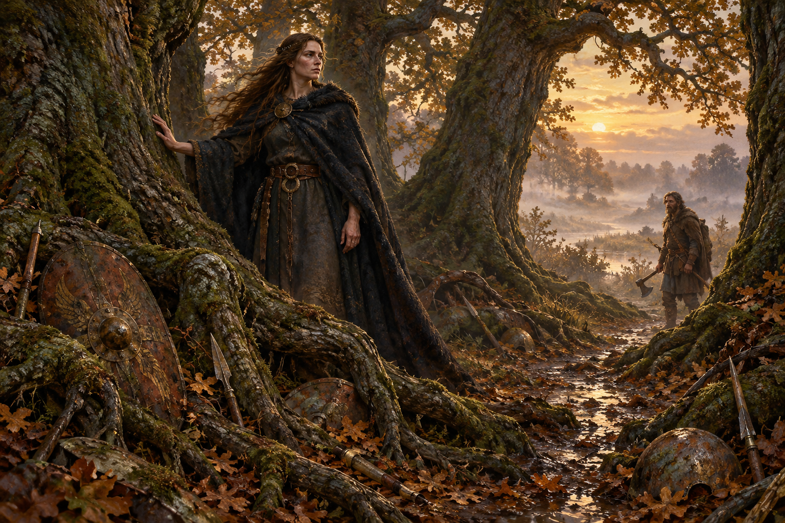 Baduhenna stands among ancient oaks and scattered weapons in a Frisian sacred grove.