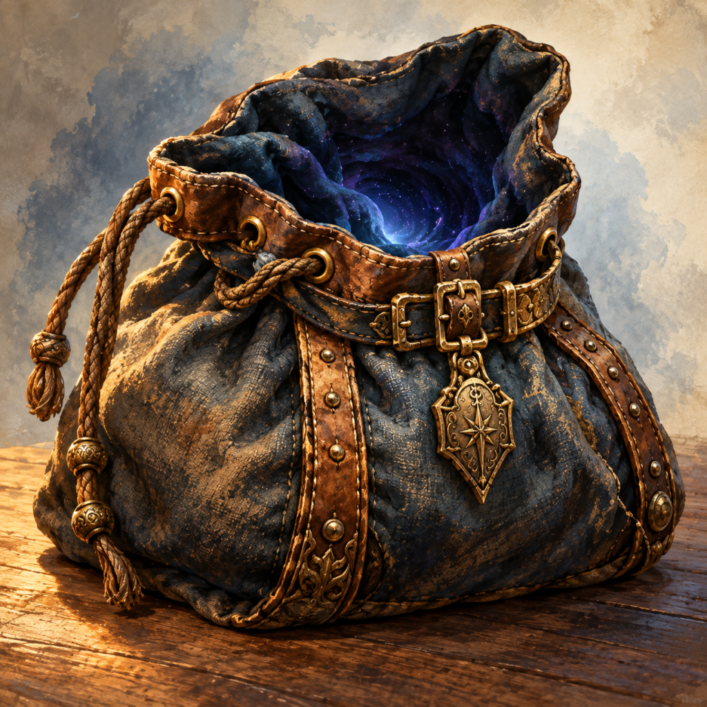 Bag of Holding, a painted enchanted dark cloth sack with ornate leather straps and a magical extradimensional interior