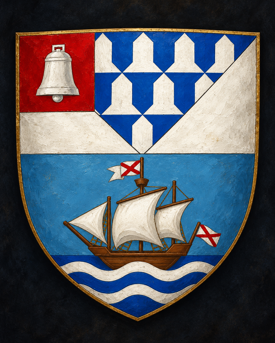 Painted heraldic shield of Belfast with bell, patterned chief and sailing ship above waves