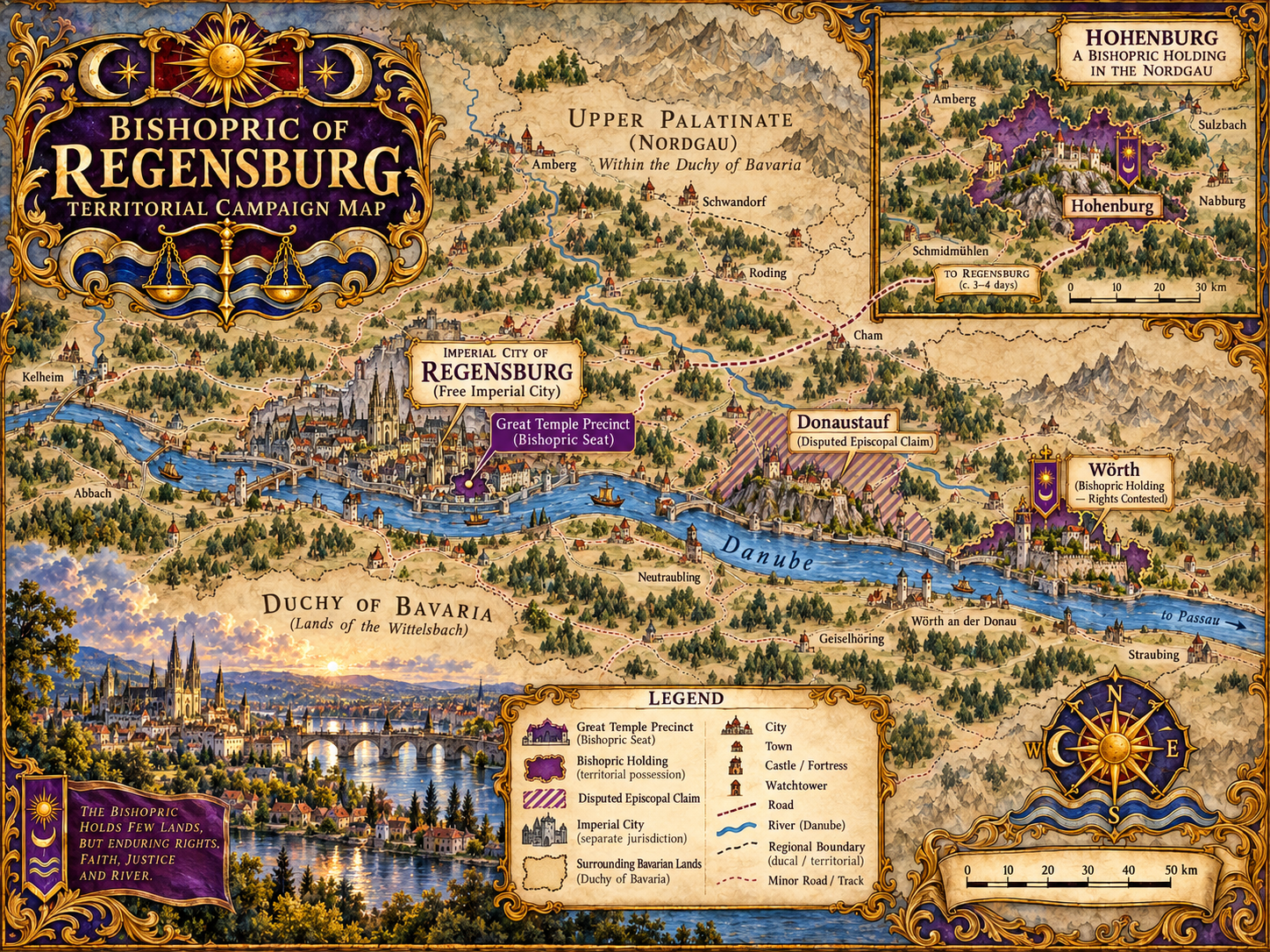 Illustrated territorial map of the Bishopric of Regensburg showing the independent Imperial City, Danube, Donaustauf's disputed claim, Wörth and detached Hohenburg holding