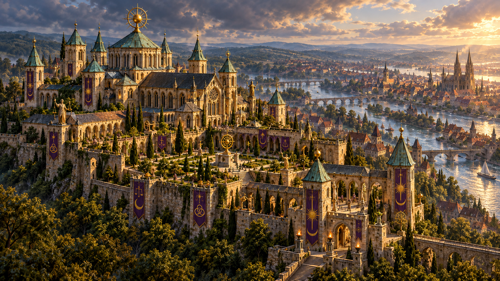 Painted fantasy sacred precinct of the Bishopric of Regensburg overlooking the Danube, with polytheistic temples and sun-and-moon banners