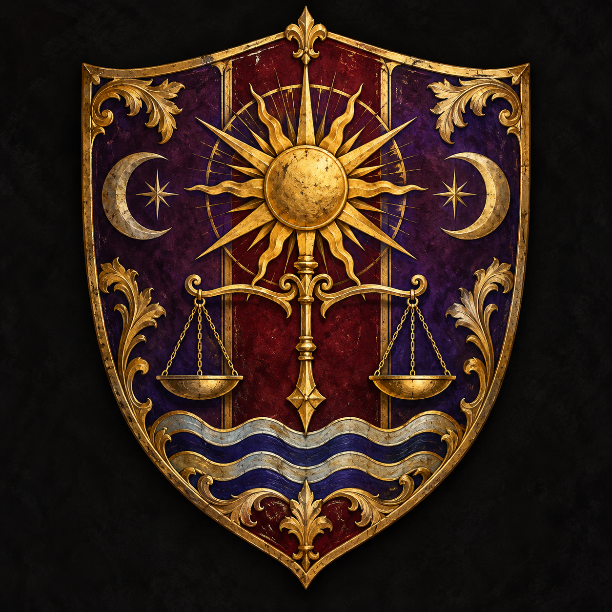 Sacred heraldic shield of the Bishopric of Regensburg with a golden sun, crescent moons, scales of justice and Danube waves