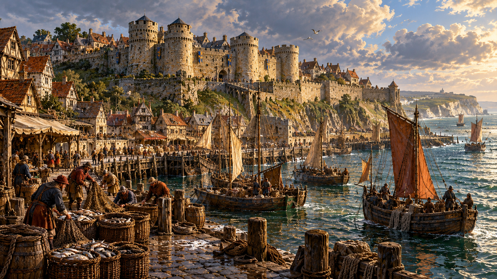 Fishing boats and quays below Boulogne-sur-Mer’s fortified upper town and comital castle.