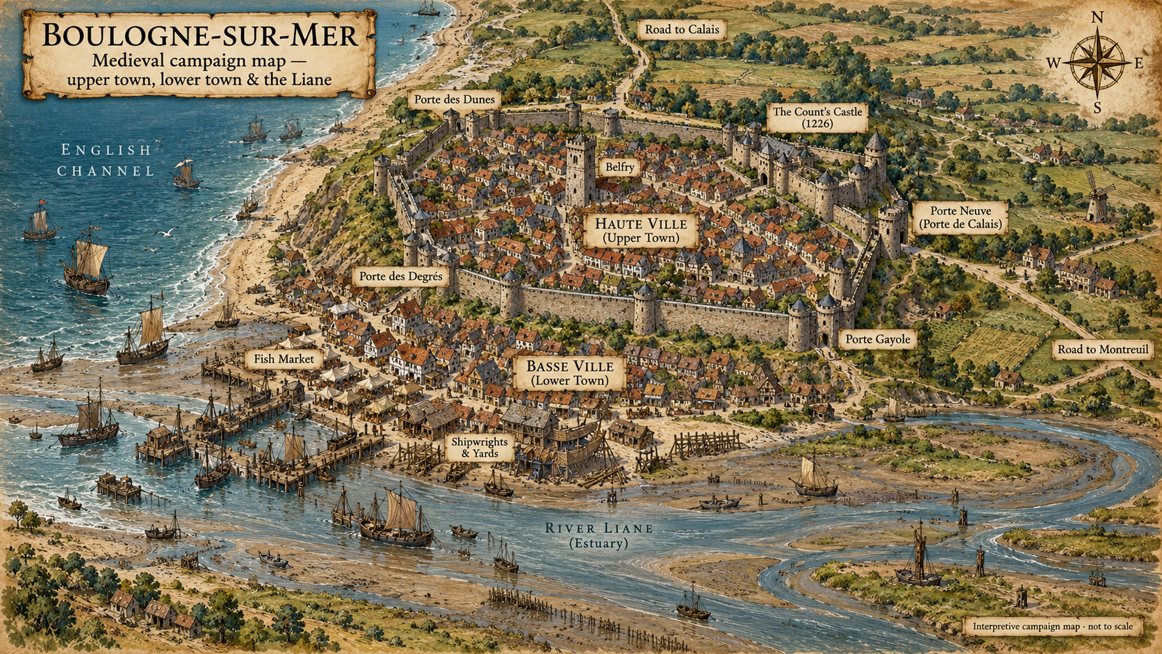 Interpretive map of Boulogne-sur-Mer showing the walled upper town, count’s castle, lower fishing harbour, River Liane estuary and roads to Calais and Montreuil.