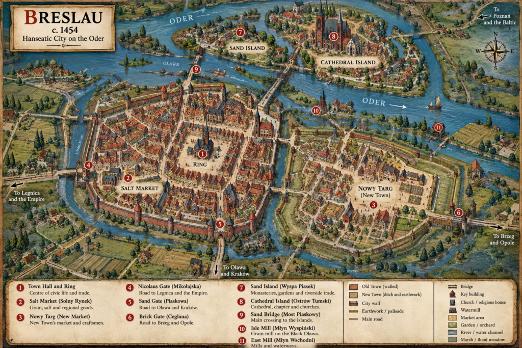 Painted bird's-eye campaign map of medieval Breslau showing the Ring, Town Hall, Salt Market, New Town, Oder islands, gates and trade roads