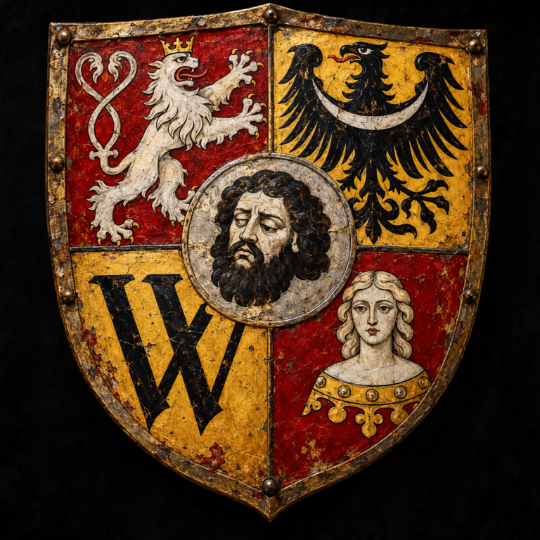 Painted five-part Breslau civic shield adapted for the campaign, showing a silver Bohemian lion, black Silesian eagle, Gothic W and two portrait emblems on red and gold