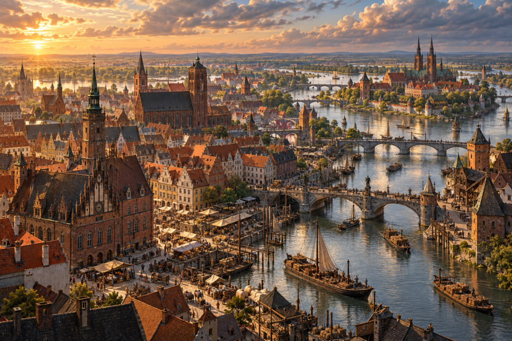 Painted panoramic view of medieval Breslau on the Oder, with bustling merchant wharves, stone bridges, Gothic town buildings and river barges at golden hour