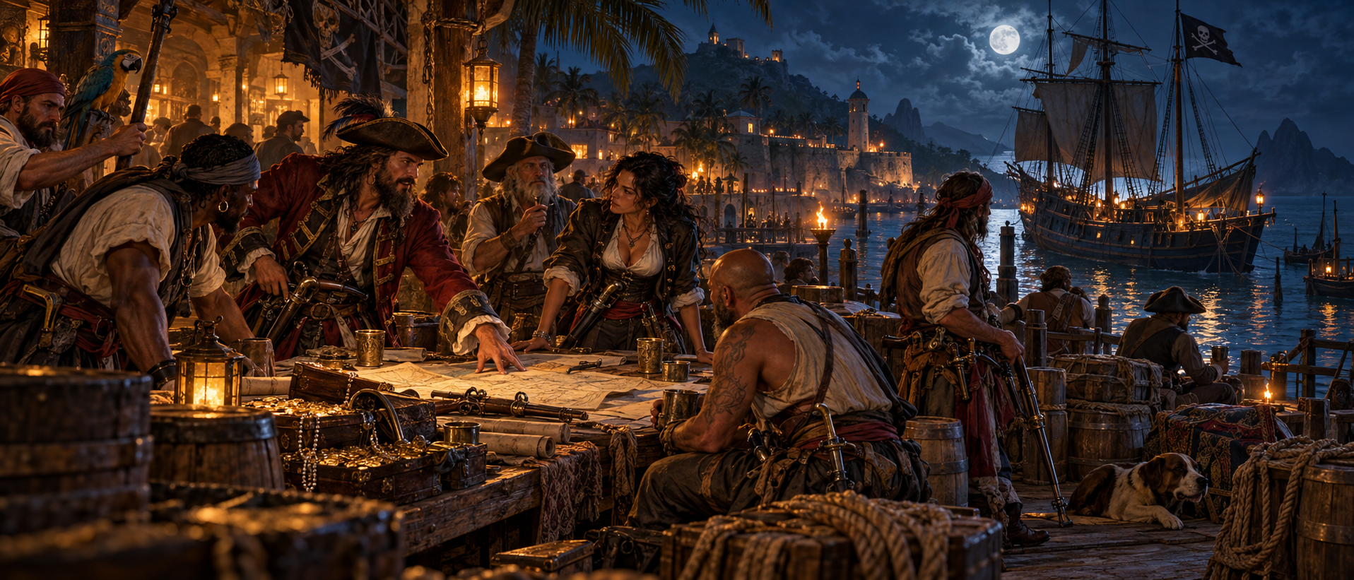 Brethren of the Coast pirate captains planning a voyage beside a moonlit Caribbean harbour, with lantern-lit ships and fortified waterfront